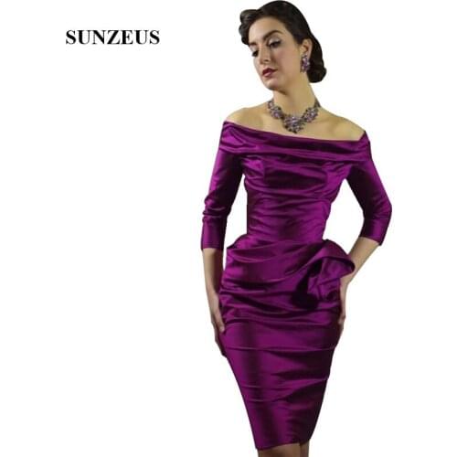 Vintage Style Off Shoulder Bride Mother Formal Dress With 3/4 Sleeves Sheath Short Satin Women Party Gowns Elegant Lady Wear