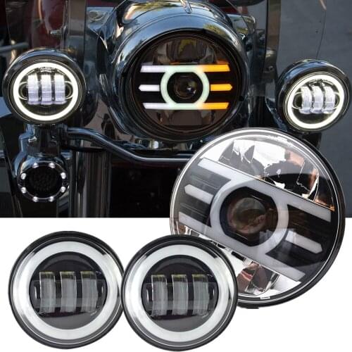 1 Set Halo 7" Headlight White DRL Amber Signal + 4.5" Led Passing Fog Light For Road King Touring Softail Motorycle Acceessories
