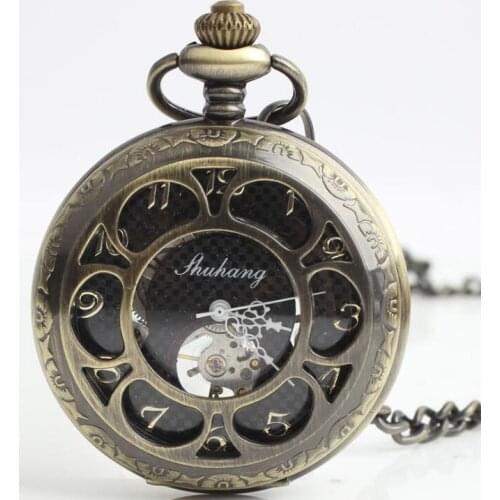 10pcs/lot Steampunk Bronze Hollowed Skeleton Mechanical Pocket Watch Flip Flop Women Men Pocket Watches