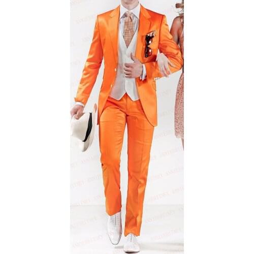 ANNIEBRITNEY Shiny Orange Men Suits Satin Slim Fit Formal Groom Party Prom Dress Tuxedo Set Custom Large Size Coat Blazer Pants