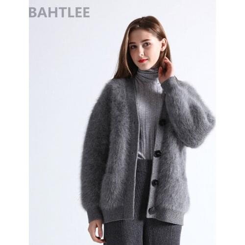 BAHTLEE Winter Womens Angora Cardigans Sweater Knitted Mink Cashmere V-Neck Button Pocket Very Thick Keep Warm Loose Style