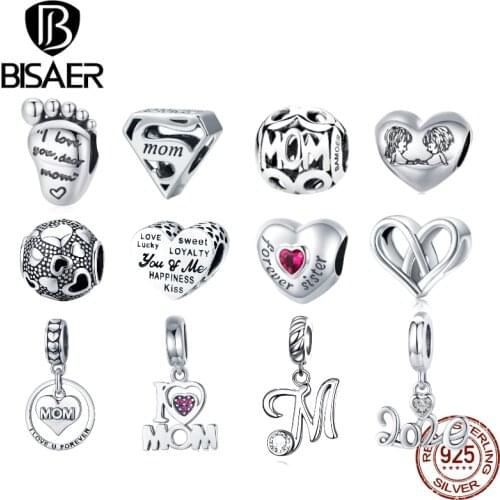 BISAER 100% 925 Sterling Silver Mother Love Series Heart Charms Beads Fit DIY Original Bracelets & Bangles Accessories ECC429