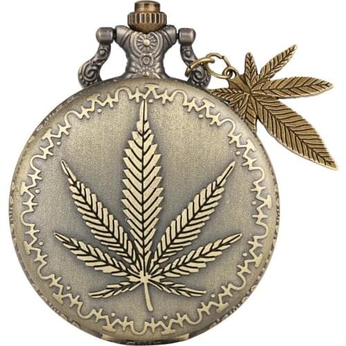 Charm Leaf Pendant Bronze Quartz Pocket Watch Retro Necklace Clock Gifts for Men Women
