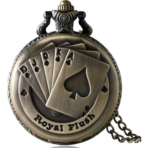 Retro Bronze Metal Poker Card Pattern Quartz Pocket Watch Relojes Hombre Analog Pocket FOB Watches with 30cm Chain Gifts P80C