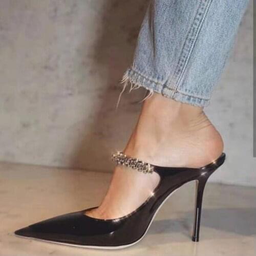 Black Patent Leather Crystal Decor Strap High Heels Mules Pointed Toe Thin Heels Pump Shoes Women Cut-out Wedding Shoes Bride