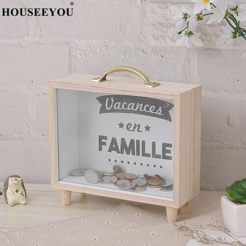 Wooden Crafts Piggy Bank Container Home Transparent Vintage Stand Letter Desktop Storage Money Box Decor Children Gift