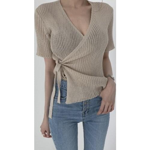 New 2021 Women Spring Summer T-Shirt Bottoming Basic V-Neck Sexy Lace Up Korean Style Elegant Lady Wild Tops Z244