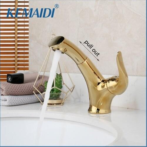 KEMAIDI Gold Polished Rotated Bathroom Basin Mixer Tap Pull Out Kitchen Faucet Deck Mounted 1 Handle Tap