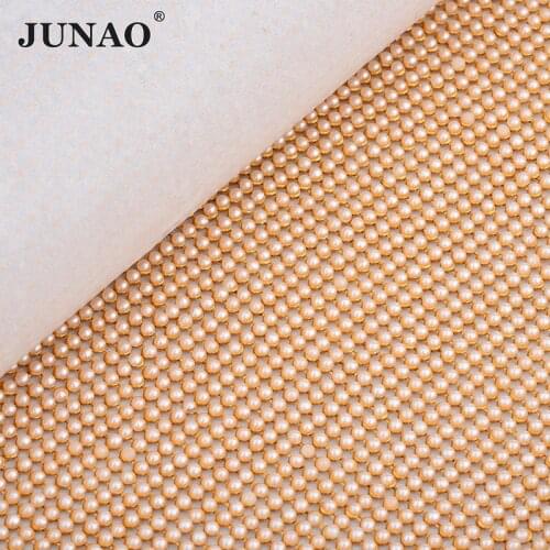 JUNAO 45*120cm Hotfix White Pearl Rhinestones Mesh Fabric Gold Aluminum Mesh Metal Trim Iron On Strass Crystal Applique Crafts