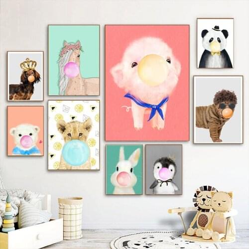 Cute Horse Unicorn Poster Baby Room Nursery Blow Pink Bubbles Animal Wall Art Canvas Painting Print Picture for Kids Room Decor