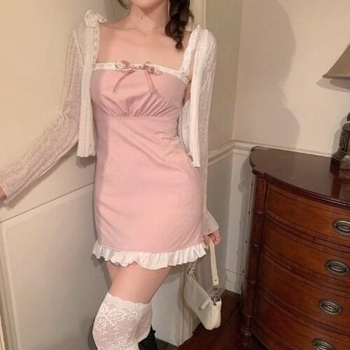 Sweet Girl Summer Japanese Cute Kawaii Lolita Pink Halter Dress Suit Preppy Gentle Fairy Lace Patchwork Bow Slim Sling Dress