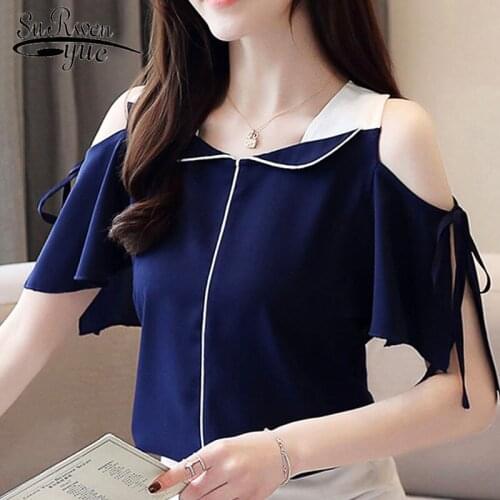 Fashion women blouse and tops 2021 white blouse shirts ladies tops chiffon shirts chiffon blouse V-Neck Flare Sleeve 4001 50