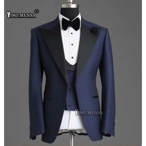 YIWUMENSA Navy Blue Black Shawl Lapel Wedding Suits For Men Custom Made 3 Pieces Coat+Vest+Pants Blazer Smoking Groomsman Blazer