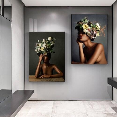 Flower Plant Woman Wall Art Paintings Print On Canvas Posters Modern Girl Abstract Wall Pictures for Living Room Decor