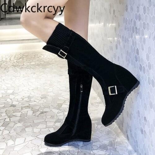 Winter The New fashion Round head Increase within Middle tube Martin boots black Plus velvet Keep warm High heel Women boots