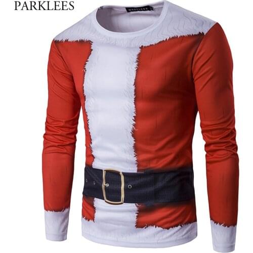Fake Two Pieces 3D Print Men T Shirt 2017 Santa Claus Long Sleeve Slim Fit Mens T Shirts Christmas Costume Tee Shirt Homme 2XL