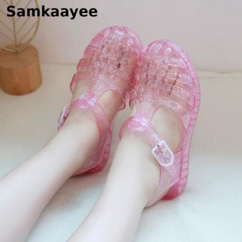 2-15y Girls Sandals Children Shoes Summer Kids Crystal Jelly Shoes Flats Toldder Transparent Hollow Out Beach Cute Footwear S14