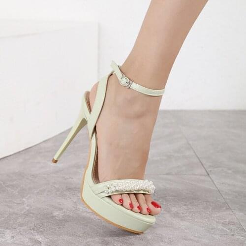 Women Shoes High Heel Green Platform Stiletto Sandals Summer Pearl Ladies Shoes Yellow Ankle Buckle High Heels Sandals