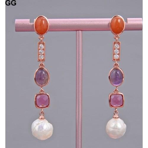 GuaiGuai Jewelry White Keshi Pearl Purple Amethyst Red Jade Crystal Rose Gold Drop Stud Earrings