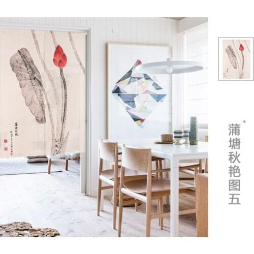 New Chinese style classical lotus mountain wind window blind water Japanese curtain cotton and linen curtain porch decorations