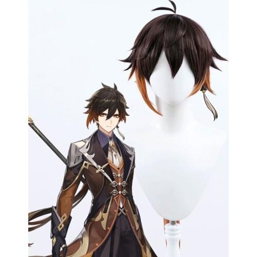 Synthetic Short wig with Bangs Zhongli Genshin Impact Ombre color Dark Brown Cosplay Party wigs Long Ponytail Hair extensions