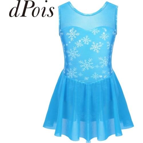 Kids Girls Ballet Gymnastics Leotard Dress Mesh Splice Sleeveless Snowflake Pattern Printed Dance Leotard Children Dancewear