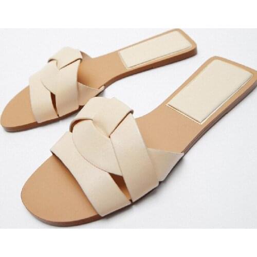 ZAR Slippers Women Summer Luxury 2021 New Brown Cross Leather Flat Sandals Brand Woman Beach Shoes Plus Size 40 Chaussure Femme
