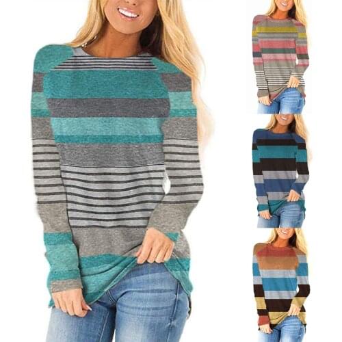 Womens Shirts 2021 Winter Colorful Striped O-Neck Loose Long Sleeve Fashion Tops Keep Warm Multiple Size Tees Camiseta feminina