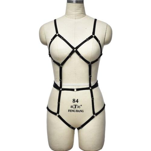 Goth Hollow Body Harness Bra Women Bondage Sexy Lingerie Set Stockings Leg Garter Belt Adjustable Body Cage Harness Bodysuit