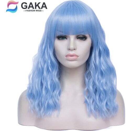 GAKA Women Synthetic Blue Wig with Cute Bangs Long Wavy Fake Hair Natural Party Cosplay Wigs for Female