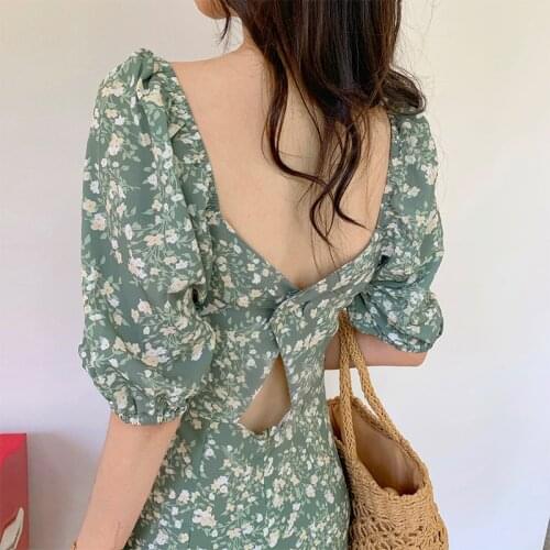 Womens Summer Green Floral Fairy Dress Temperament Cottagecore Dress Sexy Slim Body Square Collar Shorts Sleeve A-Line Dress