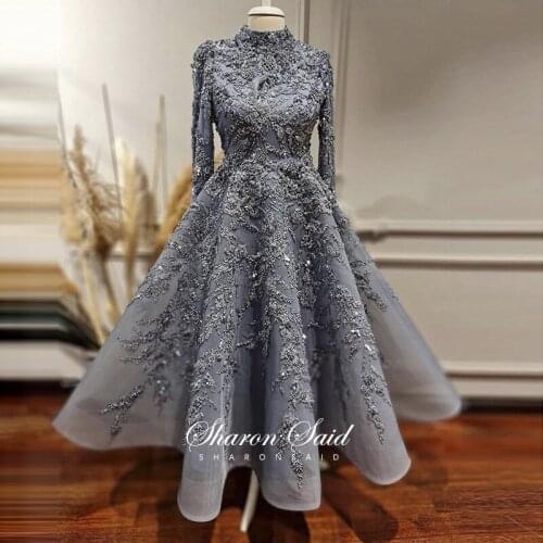 Luxury Heavy Beaded Blue Muslim Evening Dresses Long Sleeve Ankle Length Dubai Formal Prom Dress Arabic Women Wedding Party Gown