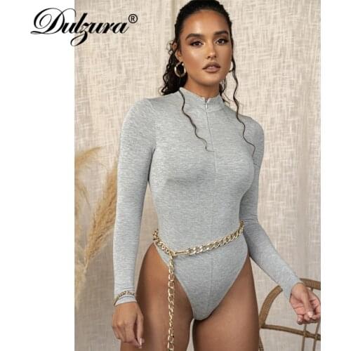 Dulzura solid women zipper bodysuit stretch long sleeve bodycon sexy streetwear 2020 autumn winter body basic sporty active wear