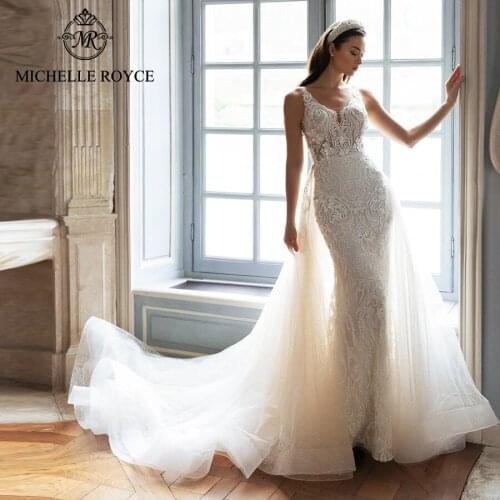 Michelle Royce 2 In 1 Wedding Dresses 2021 Sexy V-Neckline Appliques Backless Detachable Train Bridal Gowns Vestido De Noiva