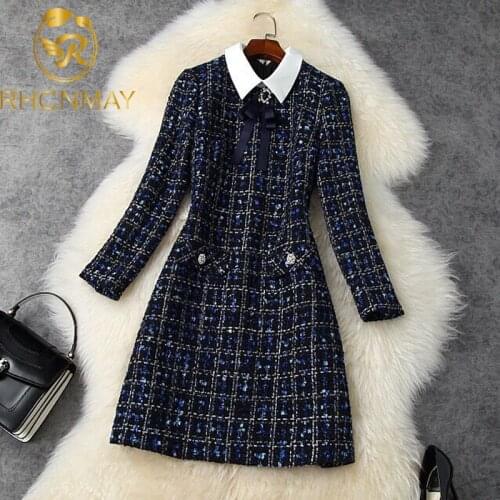Lady New Fashion Vintage Tweed Dress Womens Fall Winter 2020 British Short Dress Long Sleeve Elegant Vestidos
