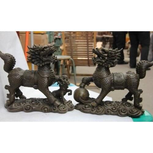 11" China Copper Feng Shui Dog Lion Statue Creative Decorate
