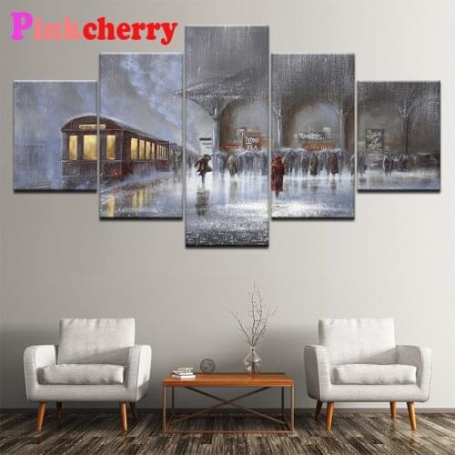 5 Panel Diamond Embroidery Train Station Landscape Diamond Painting Round Square By Hand 5D Picture Rhinestone Home Decor