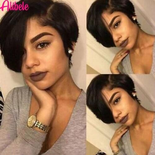 Alibele Pixie Cut Bob Wig 13x1 Lace Front Wigs 150% Side Part Straight Hair Bob Wig Short Loose Wave Wig 6 Inch L-Part Wig