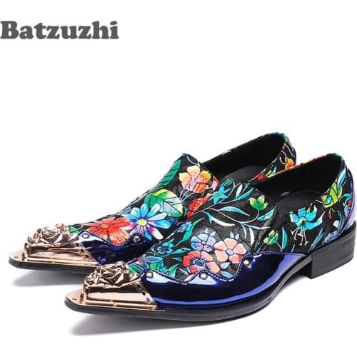 Batzuzhi Handmade Rock Mens Shoes Metal Pointed Toe Blue Genuine Leather Men Dress Shoes Oxford Flats Blue Flowers Party Shoes