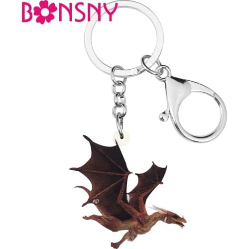 Bonsny Acrylic Brown Dinosaur Dragon Keychains Key Ring Animal Jewelry For Women Handbag Purse Accessory Trendy Gift Decoration