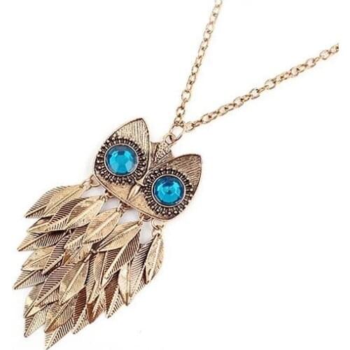 Gold Chain Owl Vintage Pendant For Women Green Crystal Eye Style Necklaces Tiny Leaves Drop Jewelry Statement Gift