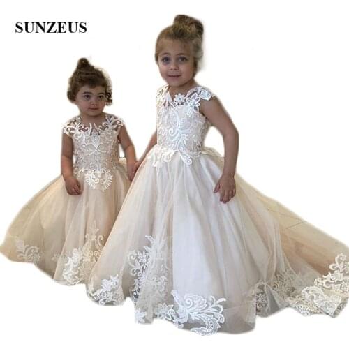 Little Princess Champagne Child Wedding Party Dress Ivory Lace Flower Girls Dresses Cute Girls Birthday Party Gowns SF59
