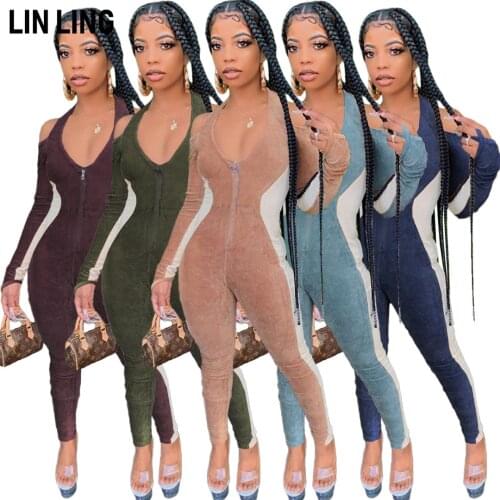 LINLING V-Neck Zipper High Elastic Suede Halter Open Back Stitching Sexy Bodycon Pencil Jumpsuit Women Elegance