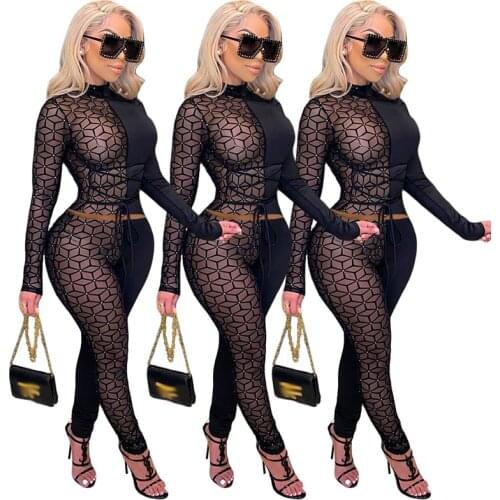 TNNAOFF Fall Mesh Sheer Bandage Two Piece Set for Women Rave Festival Clothing Long Sleeve Tops Fashion Night Club Matching Sets