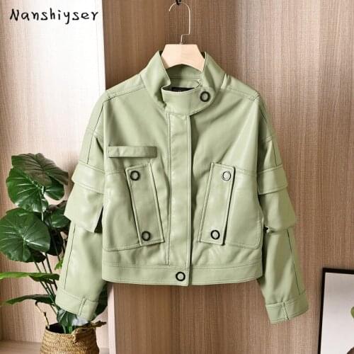 Streetwear Short Fashion Locomotive Multiple pocket Leather jacket Women Autumn High quality Stand collar Faux PU Leather jacket