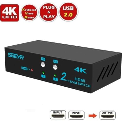SGEYR 2 Port HDMI KVM Switch Selector USB 2.0 KVM Switcher for 2 Computers Share 1 Monitor Keyboard Mouse Support 4Kx2K@30Hz