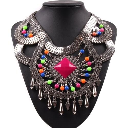 Fashion Exaggerated Style Colorful Acrylic Welding Twisted Metal Chain Chunky Necklaces Bib Statement Choker Jewelry