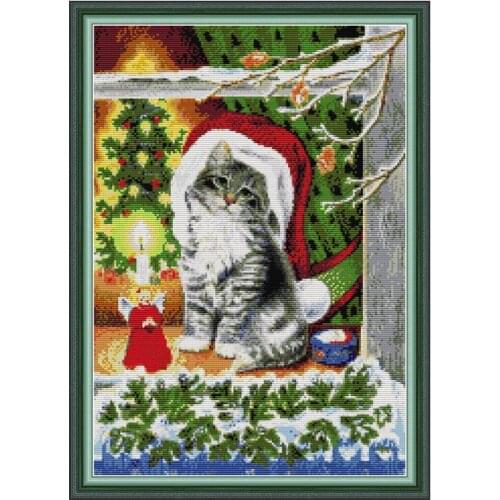 Christmas kitten 2 cross stitch kit aida 14ct 11ct count print canvas cross stitches needlework embroidery DIY handmade