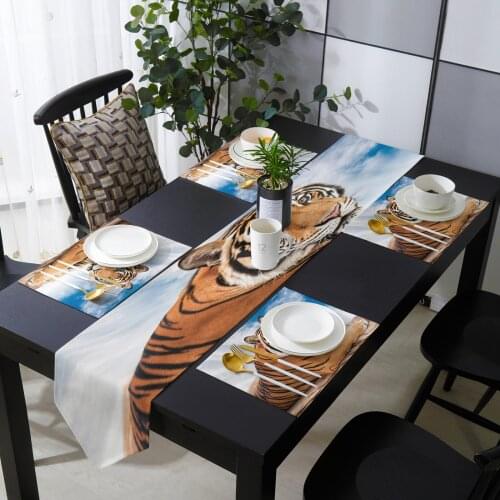 Blue Sky Tiger Lie Prone Table Runner Holiday Kitchen Dining Table Runners Place Mats Set for Home Party Decor