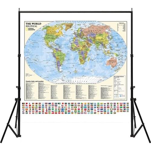 150x150cm Non-woven World Map With Flags And Country Index and Location For Culture And Education